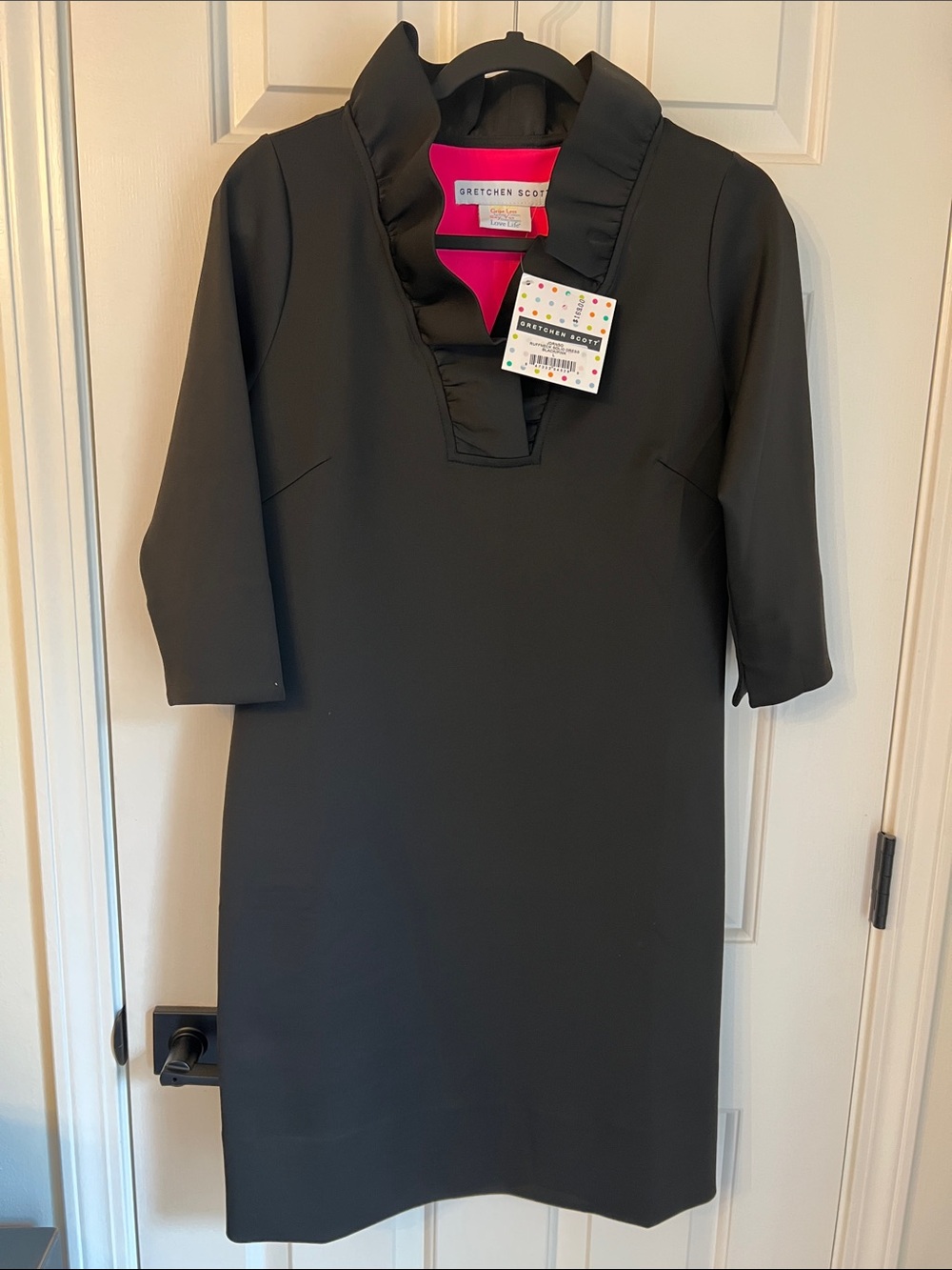 Gretchen Scott Designs Black Ruffle V-Neck Shift Dress with Pink Lining- Large
